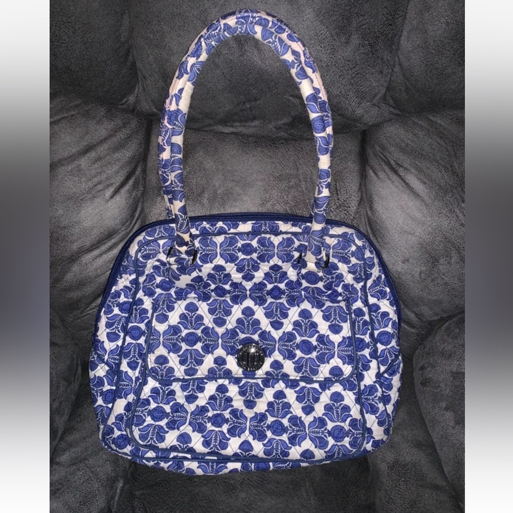 Vera Bradley Cobalt Tile Blue & White Satchel Handbag Purse Twist Lock  EC